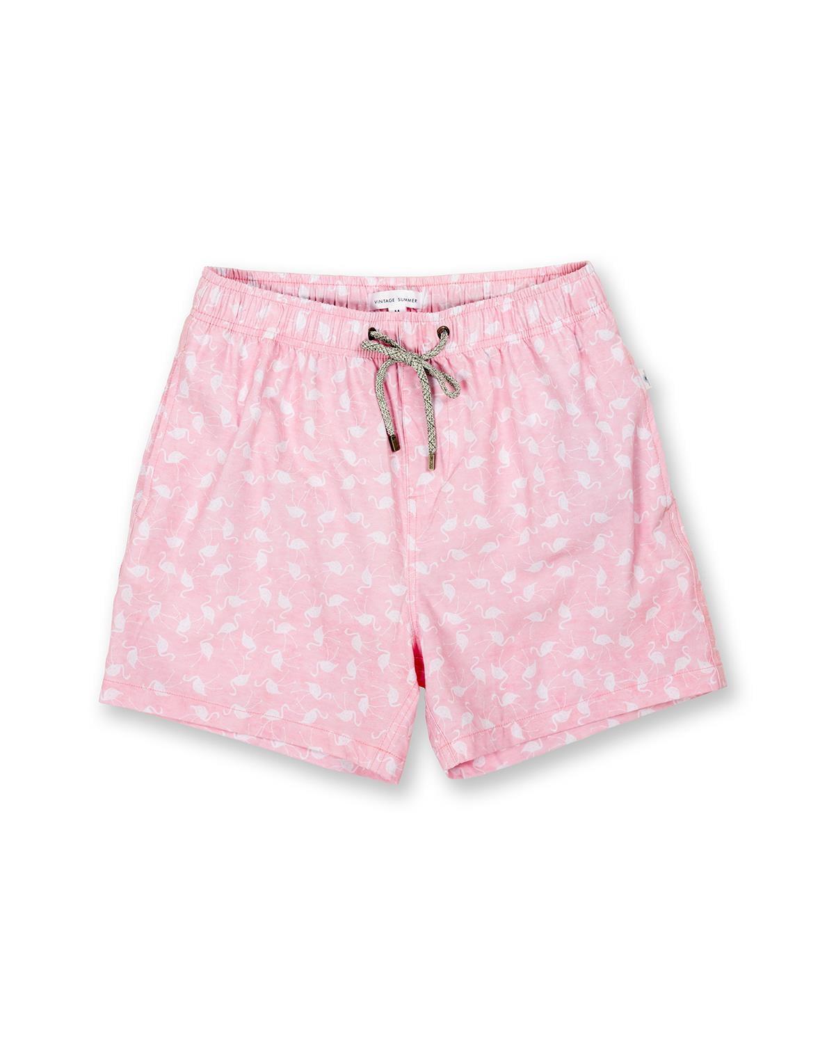Mens Swim Shorts Dry Fast 4 Ways Stretch Swimming Trunks, Mini Flamingos Pink, Size: M, Vacay Land