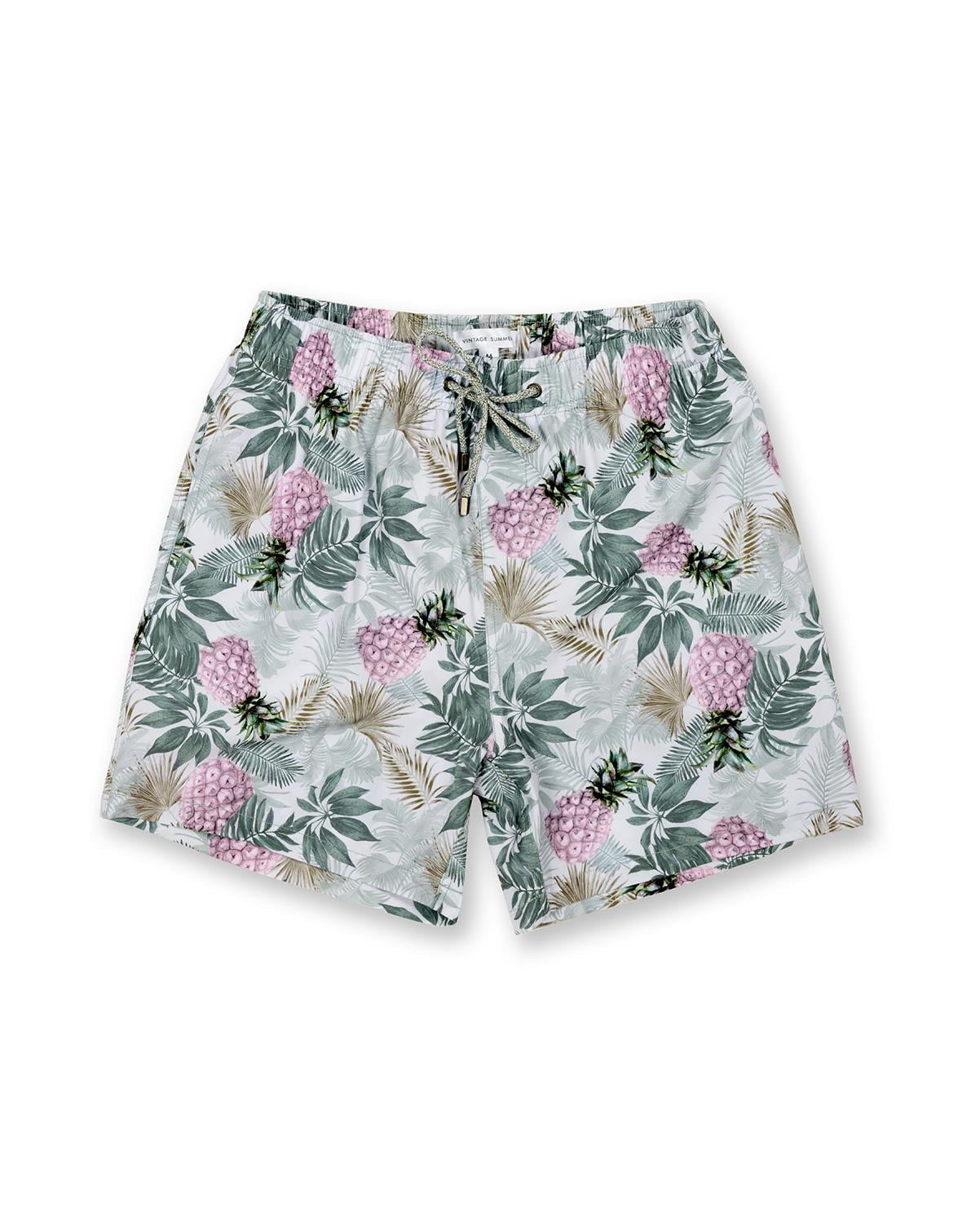 Mens Swim Shorts Dry Fast 4 Ways Stretch Swimming Trunks, Pineapples Sage, Size 2X, Vacay Land