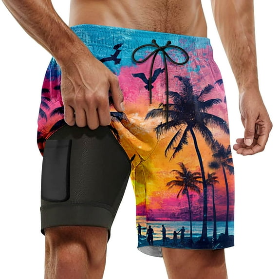 Mens Swim Shorts Summer Casual Swim Shorts with Double Layer Pants Inside Pockets Hawaiian Holiday Relaxed Beach Shorts for Men