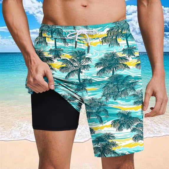 Mens Swim Trunks 2 in 1 with Compression Liner Pockets Drawstring Stretch Summer Floral Printed Beach Shorts Basketball Shorts Men Green M