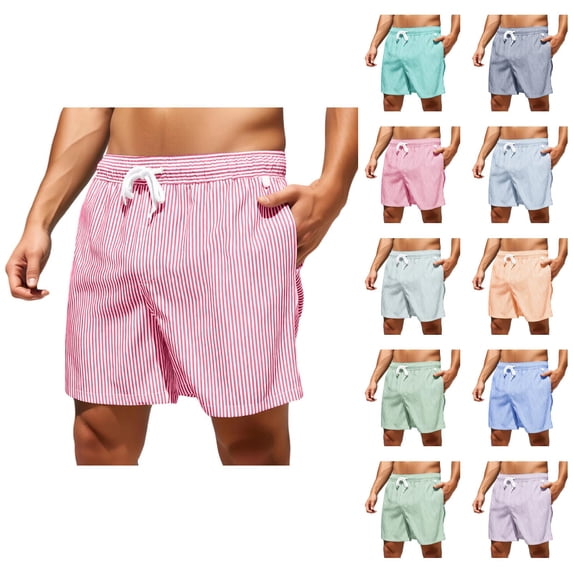 Mens Swim Trunks 2026 Summer Casual Strip Printed Loose Fit Elastic Waist Beach Shorts with Pockets Swim Shorts