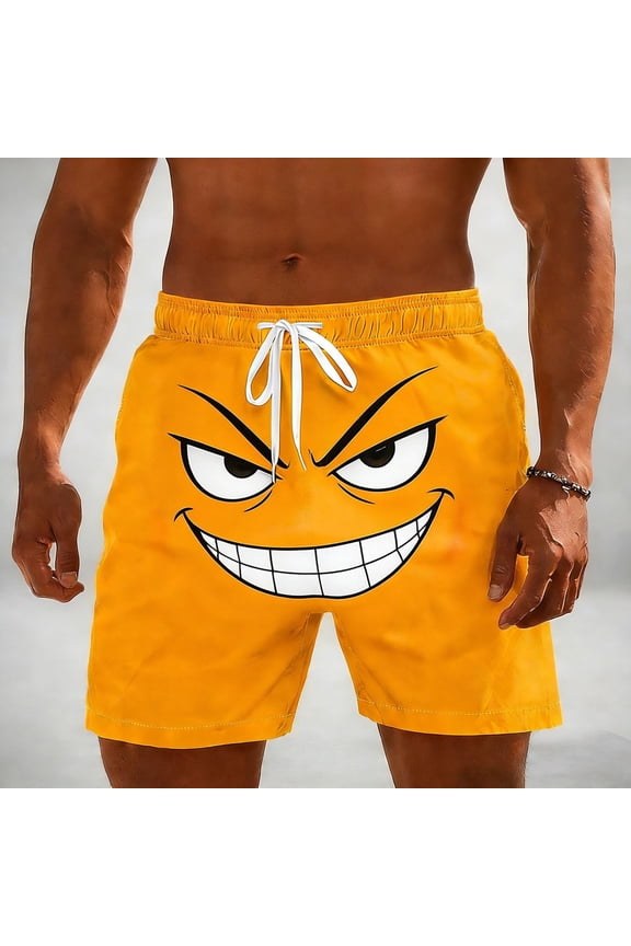 Mens Swim Trunks 5 Inch Funny Face Print Board Shorts Thin Breathable Beach Shorts Relaxed Fit Summer Beachwear Orange L