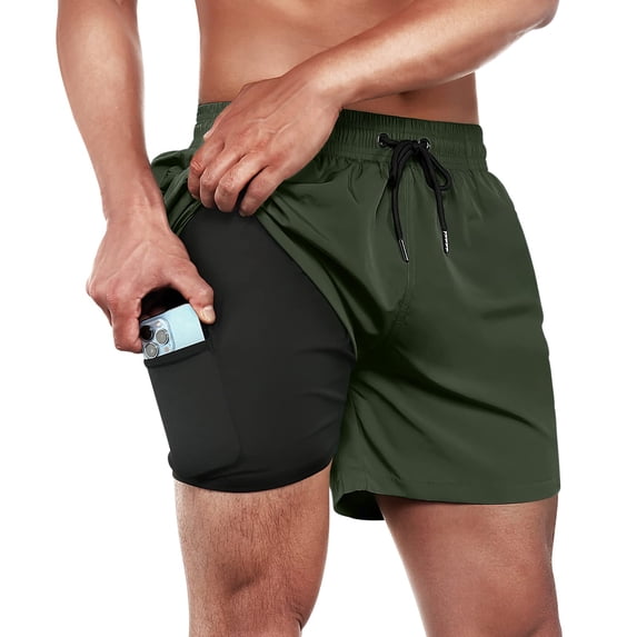 Mens Swim Trunks 5 inch with Compression Liner Swim Shorts Quick Dry Beach Shorts Zipper Pocket