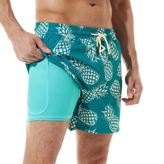 Mens Swim Trunks 5 inch with Compression Liner Swim Shorts Quick Dry Beach Shorts Zipper Pocket
