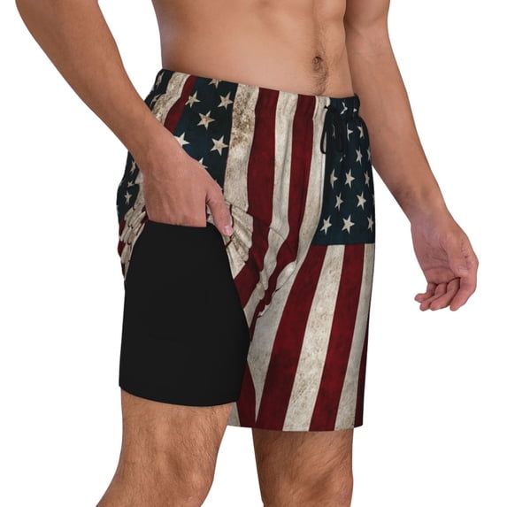 Mens Swim Trunks America Flag Quick Dry Board Shorts with Compression Liner