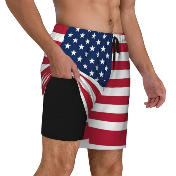 Mens Swim Trunks America Flag Quick Dry Board Shorts with Compression Liner
