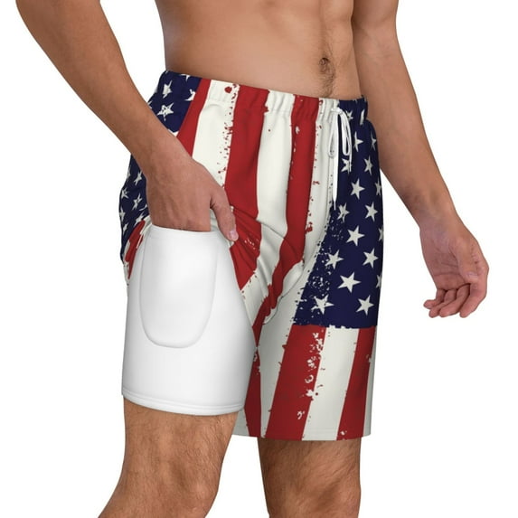 Mens Swim Trunks America Flag Quick Dry Board Shorts with Compression Liner