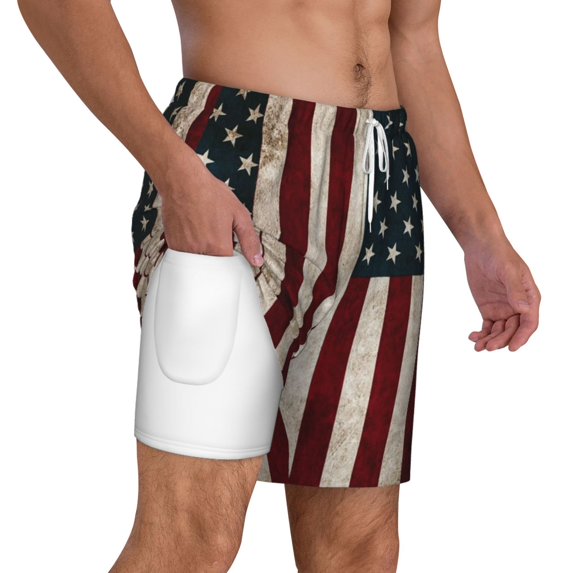 Mens Swim Trunks America Flag Quick Dry Board Shorts with Compression Liner