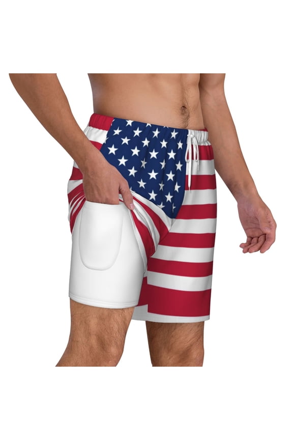Mens Swim Trunks America Flag Quick Dry Board Shorts with Compression Liner