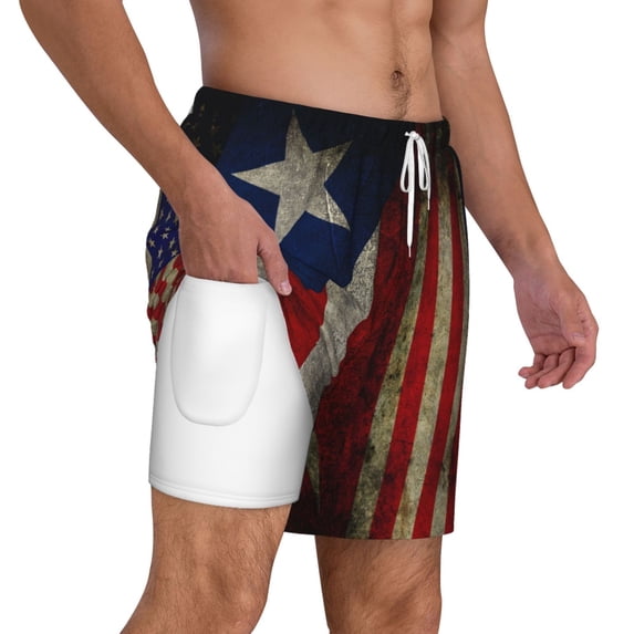 Mens Swim Trunks America Puerto-Rico-Flag Quick Dry Board Shorts with Compression Liner