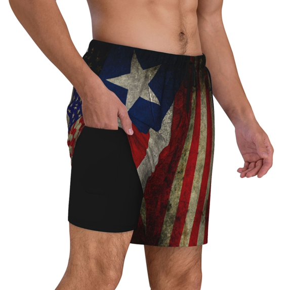 Mens Swim Trunks America Puerto-Rico-Flag Quick Dry Board Shorts with Compression Liner