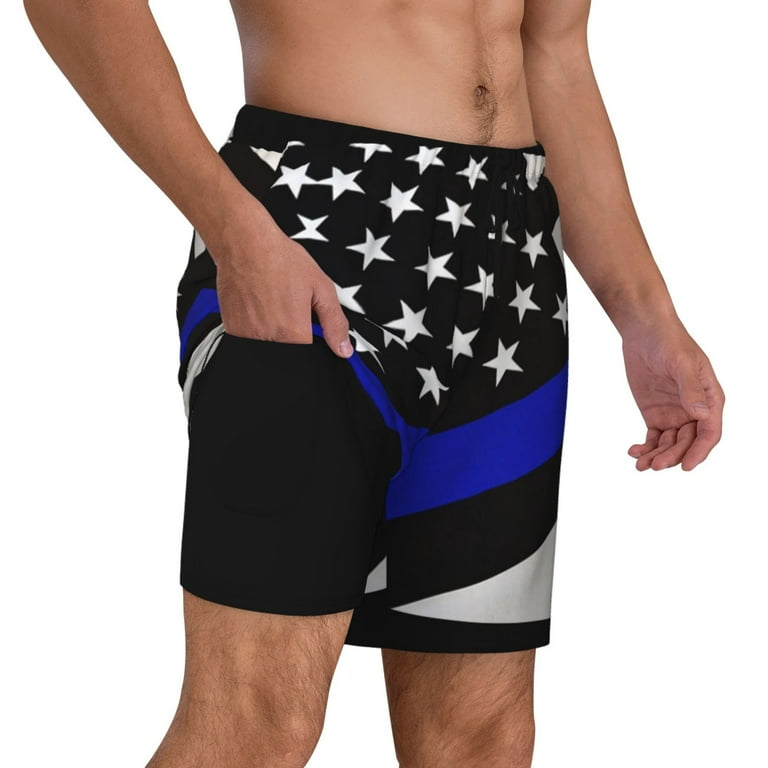 Mens Swim Trunks America Thin Blue Line Flag Quick Dry Board