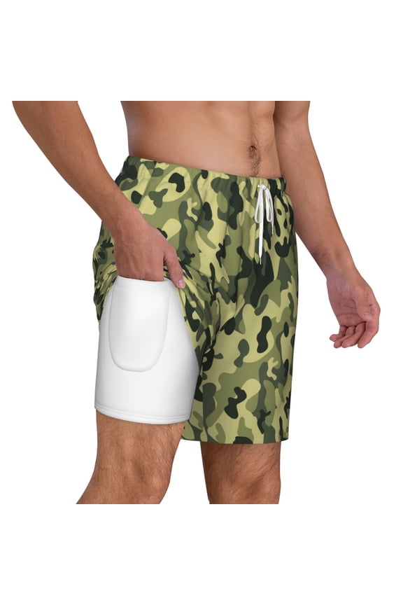 Mens Swim Trunks Army Camouflage Quick Dry Board Shorts with Compression Liner