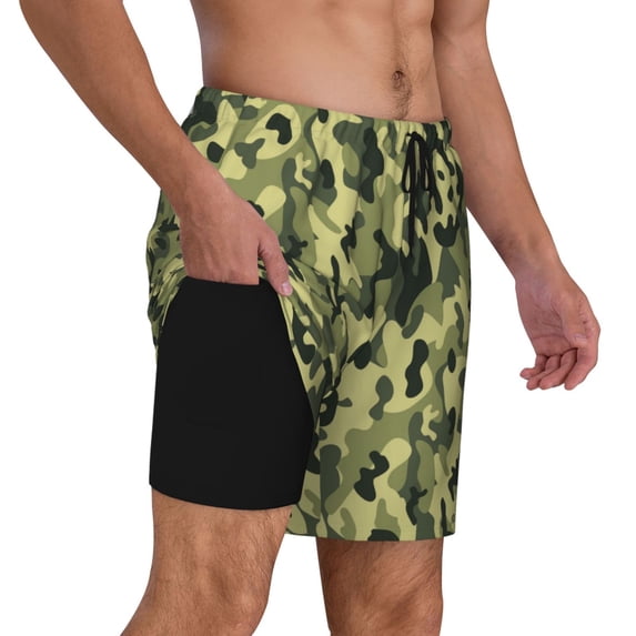 Mens Swim Trunks Army Camouflage Quick Dry Board Shorts with Compression Liner