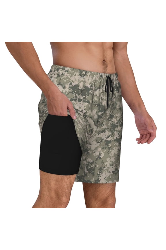 Mens Swim Trunks Army Digital Camouflage Quick Dry Board Shorts with Compression Liner