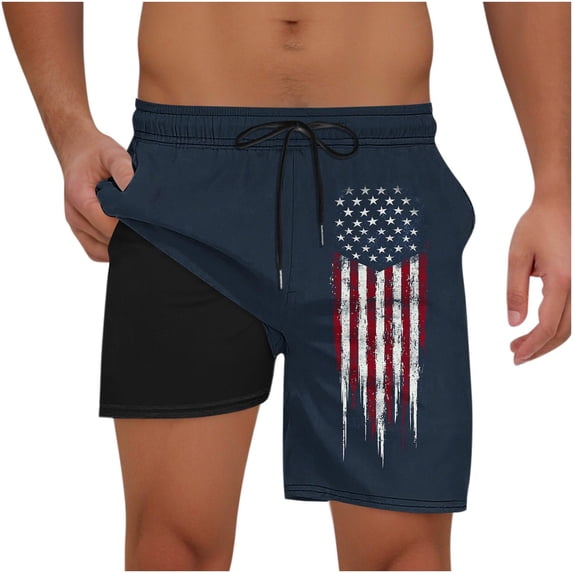 Mens Swim Trunks Bathing Suit 9 Inch Inseam Compression Liner Long Board Shorts Beach Swimsuit Swimwear Quick Dry American Flag Size S-2XL Navy
