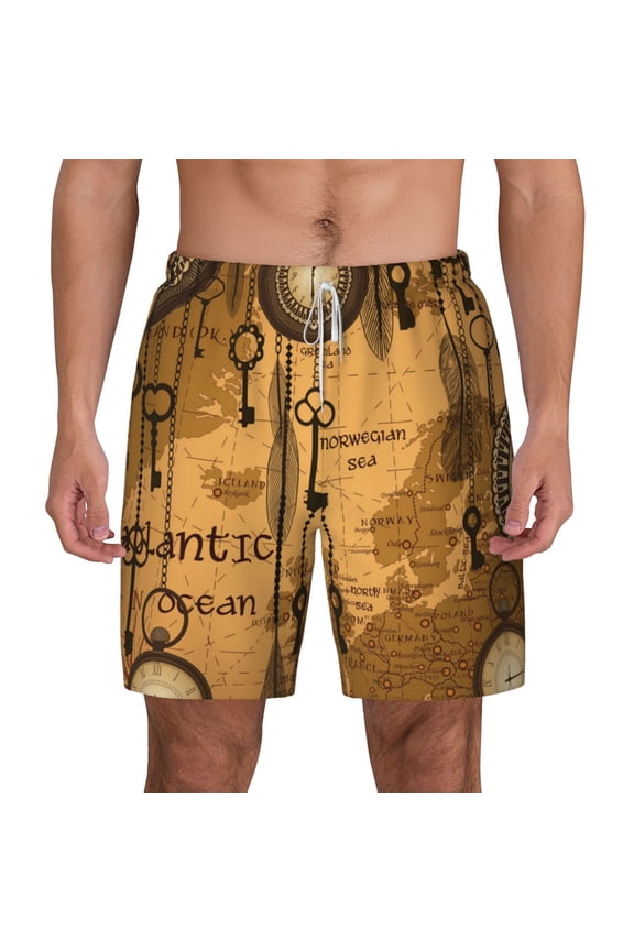 Mens Swim Trunks Bathing Suit Summer Swimming Board Shorts Antique World Map Clocks Old
