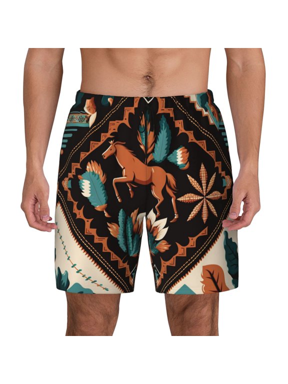 Mens Swim Trunks Bathing Suit Summer Swimming Board Shorts, Boho Western Folk Art Horse Floral