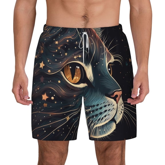 Mens Swim Trunks Bathing Suit Summer Swimming Board Shorts Cat Face Starry Cute Kitty