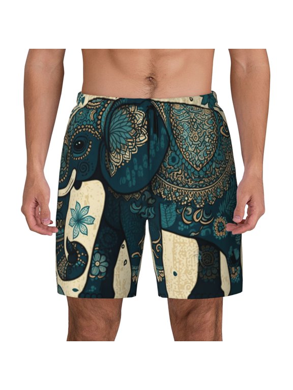 Mens Swim Trunks Bathing Suit Summer Swimming Board Shorts, Elephant Boho Ethnic Tribal African
