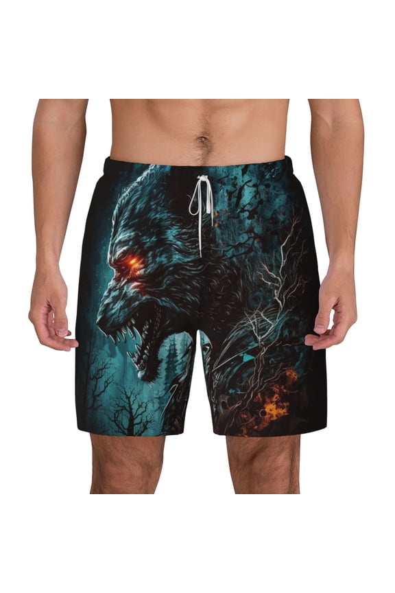 Mens Swim Trunks Bathing Suit Summer Swimming Board Shorts Werewolf Howling Night Cool Wolf