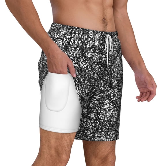 Mens Swim Trunks Black Ink Scribbles Quick Dry Board Shorts with Compression Liner