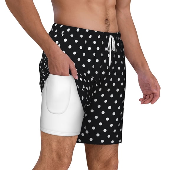 Mens Swim Trunks Black Polka Dot Quick Dry Board Shorts with Compression Liner