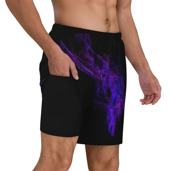Mens Swim Trunks Black Purple Abstract Quick Dry Board Shorts with Compression Liner