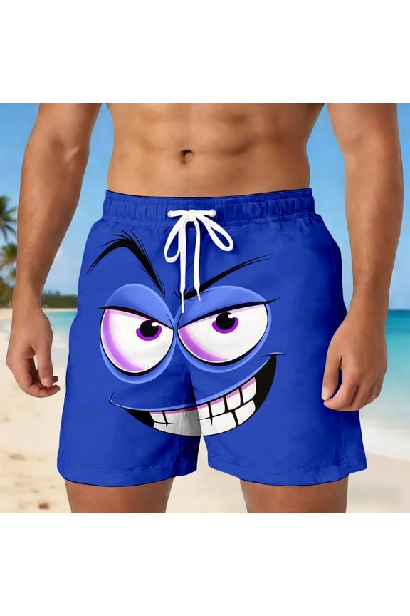 Mens Swim Trunks Board Shorts Funny Cartoon Face Print Swimming Trunks Quick Dry Beach Shorts Casual Summer Short custom (Blue,XL)
