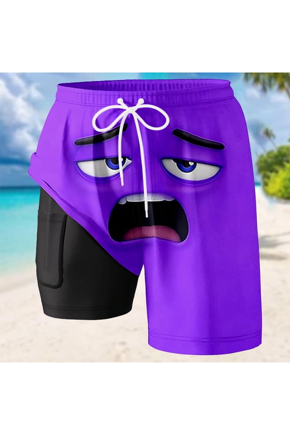 Mens Swim Trunks Board Shorts Funny Cartoon Face Print Swimming Trunks Quick Dry Beach Shorts Casual Summer Short custom (Purple,XXXL)