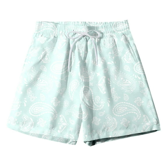 Mens Swim Trunks Boho Style Print Drawstring Waist Summer With Pocket Mens Board Shorts Swimwear Light Blue XL
