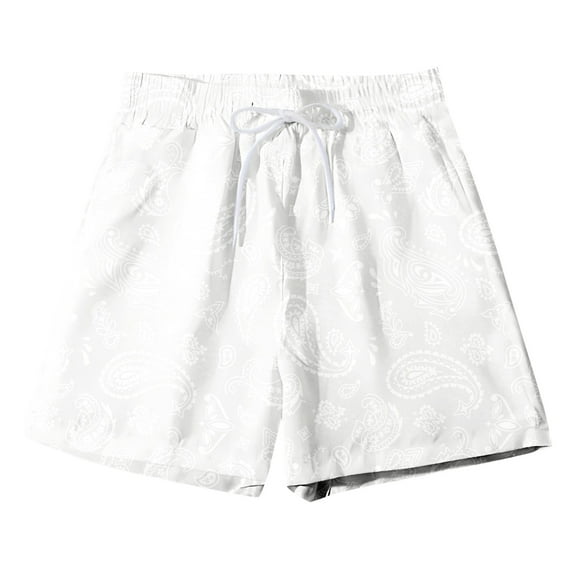 Mens Swim Trunks Boho Style Print Drawstring Waist Summer With Pocket Mens Board Shorts Swimwear White S