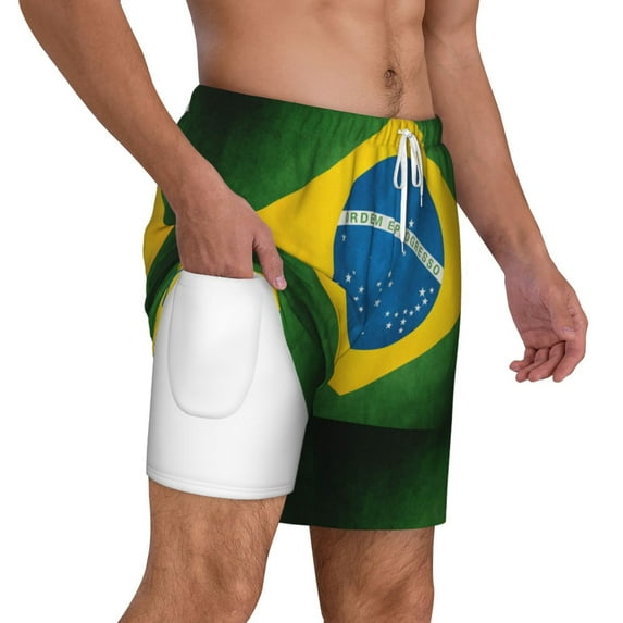 Mens Swim Trunks Brazilian Flag Quick Dry Board Shorts with Compression Liner