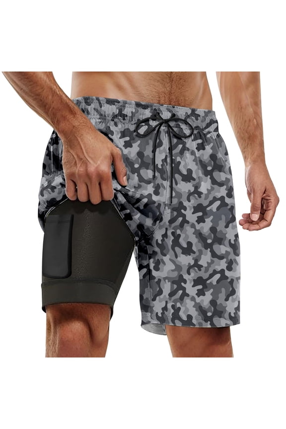 Mens Swim Trunks Camouflage Print 2 In 1 Quick Dry With Pockets Swimwear Bathing Suits Beach Outdoor Grey L
