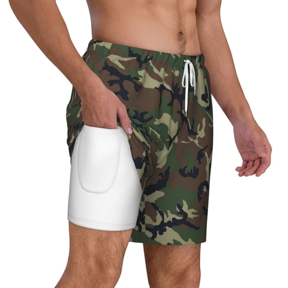 Mens Swim Trunks Camouflage Quick Dry Board Shorts with Compression Liner
