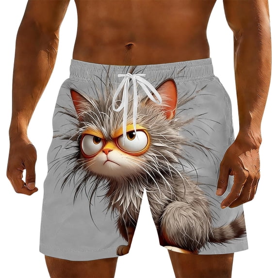 Mens Swim Trunks Casual Elastic Wasit Loose Fit Drawstring Shorts Cartoon Summer Beach Shorts with Pockets Gray 2 3XL
