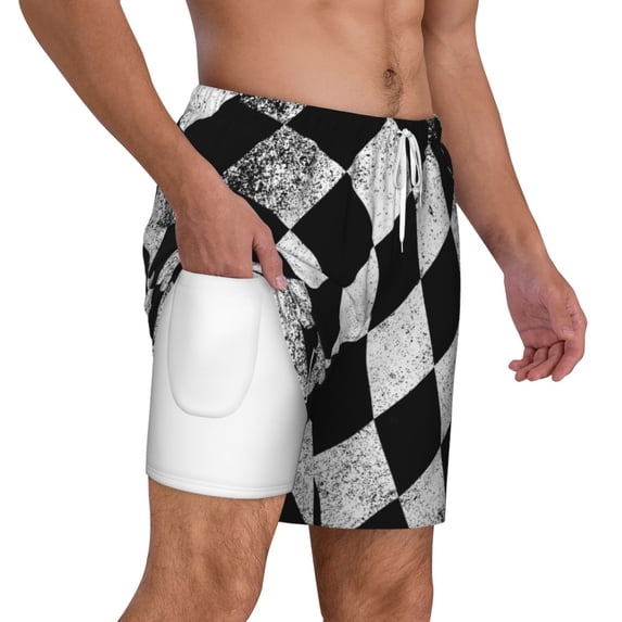 Mens Swim Trunks Checkered Flag Quick Dry Board Shorts with Compression Liner