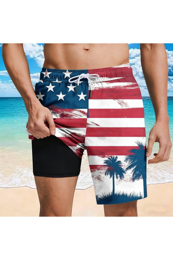 Mens Swim Trunks with Compression Liner, 4th of July 2-in-1 Americans Flags Print Beach Shorts, Quickly Dry Elastic Waist Drawstring Board with Pocketed
