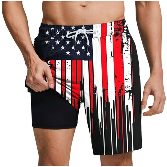 Mens Swim Trunks with Compression Liner 5 Inch Inseam Swim Shorts Quick Dry Mens Swimsuit Board Shorts Independence Day 4Th Of July Shorts Retro Patriotic Beach Pants with Pockets