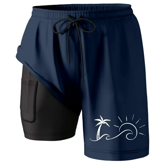 Mens Swim Trunks with Compression Liner Quick Dry Elastic Waist Drawstring Stretch Hawaiian Shorts Gradient Casual Stylish Liner Compression Swimming Shorts for Men,Navy,XL