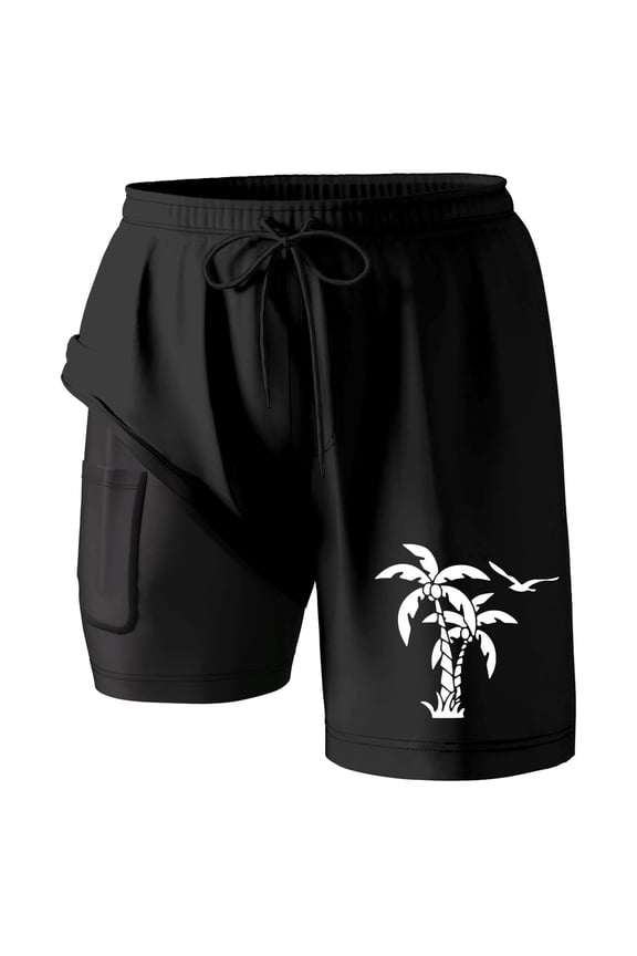 Mens Swim Trunks Compresssion Liner Inseam Board Bathing Suit Pockets Beach Pants,Black,2XL