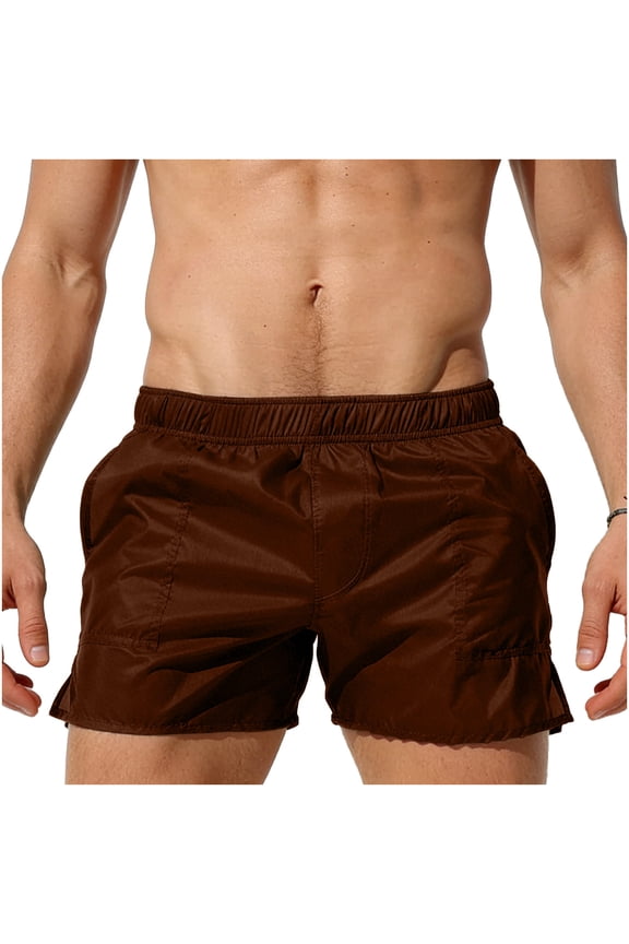 Mens Swim Trunks Elastic Waist See-Through Summer Beach Shorts Low Waist Bathing Suit Swimwear with Pockets (S, Coffee)