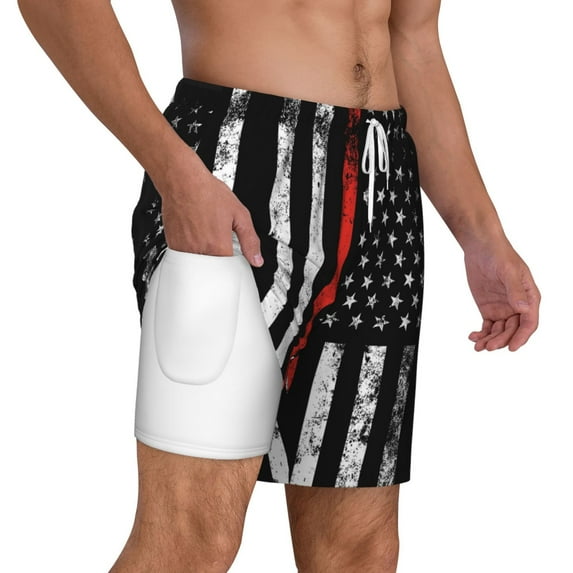 Mens Swim Trunks Firefighter Firefighting Flag Quick Dry Board Shorts with Compression Liner