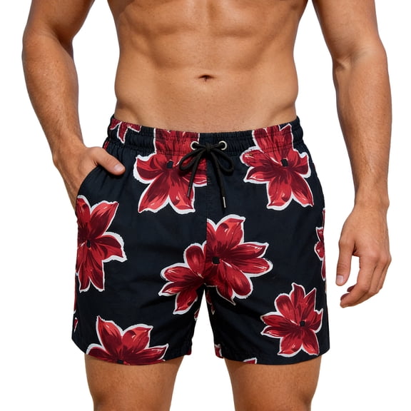 Mens Swim Trunks Floral Print Surf Board Mesh Liner Water Sports Beach Clothes for Men,Red,L