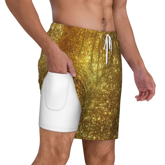 Mens Swim Trunks Gold Quick Dry Board Shorts with Compression Liner