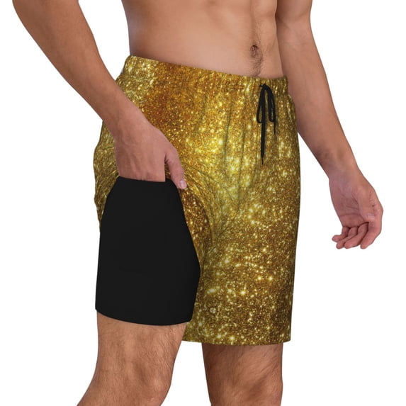 Mens Swim Trunks Gold Quick Dry Board Shorts with Compression Liner