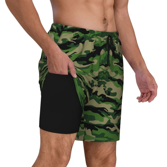 Mens Swim Trunks Green Camouflage Quick Dry Board Shorts with Compression Liner