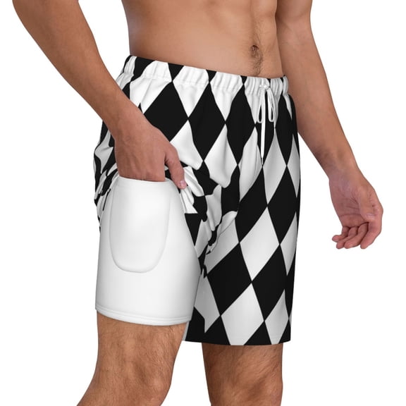Mens Swim Trunks Harlequin Quick Dry Board Shorts with Compression Liner