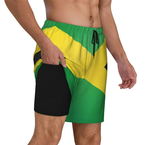 Mens Swim Trunks Jamaica Flag Quick Dry Board Shorts with Compression Liner