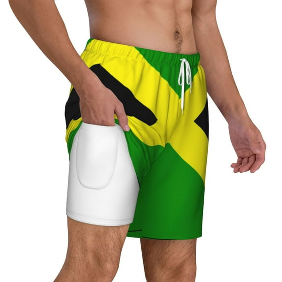Mens Swim Trunks Jamaican Flag Quick Dry Board Shorts with Compression Liner